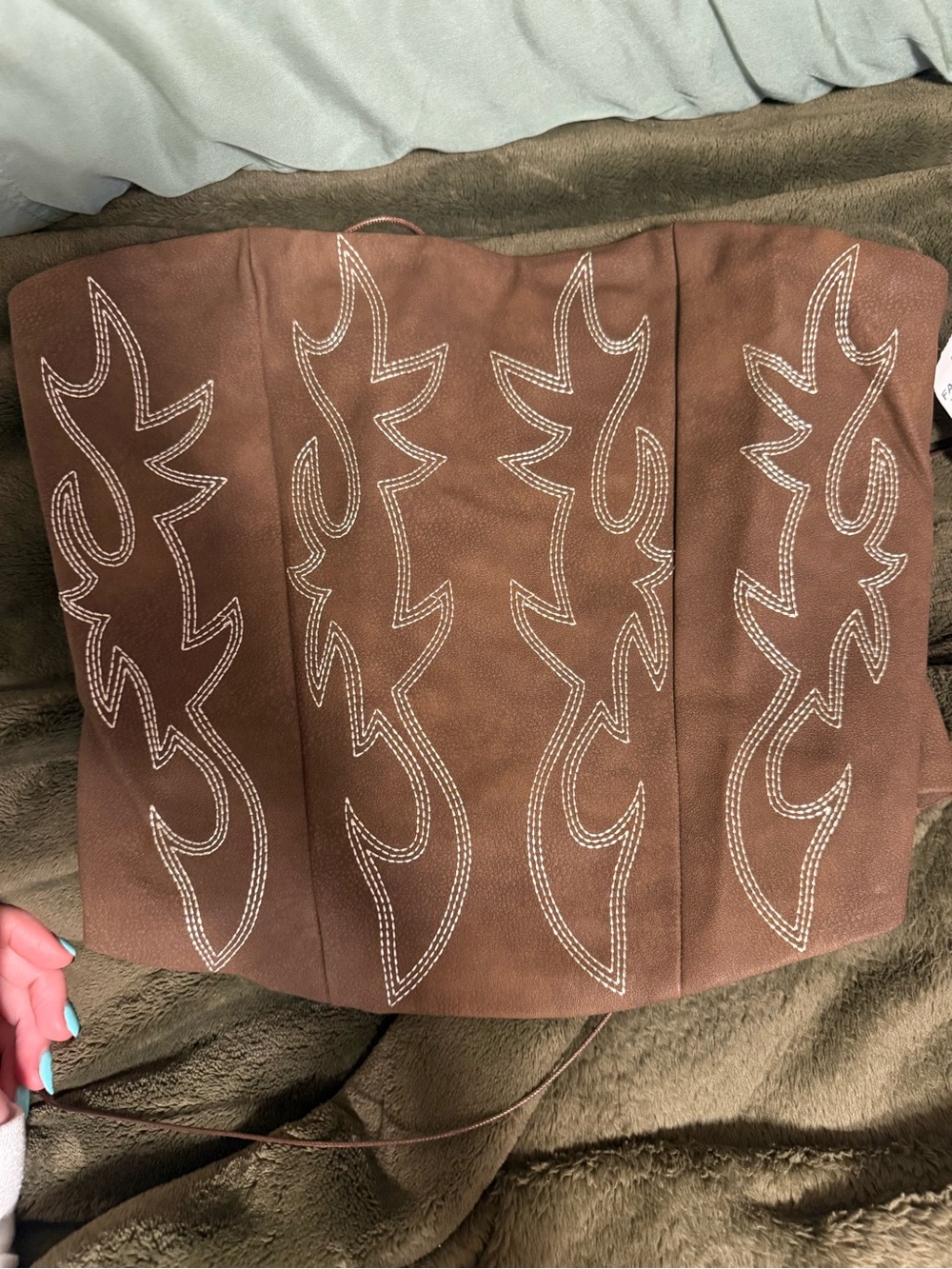 Brown Corset Top with White Contrast Stitching Western Style
